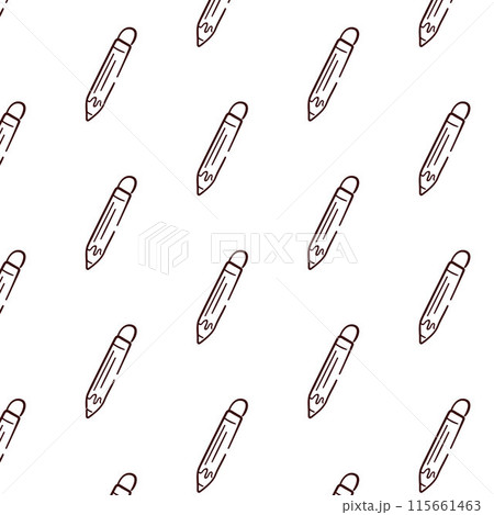 Pencil with eraser seamless pattern in doodle style. Design for school. Vector illustration isolated on a white background. 115661463