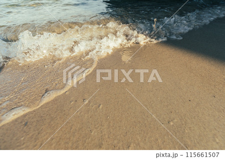 Foamy waves washing up on a sandy shore. Foamy waves washing up on a sandy shore. 115661507