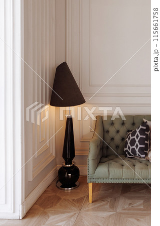 A couch with pillows and a lamp in the corner 115661758