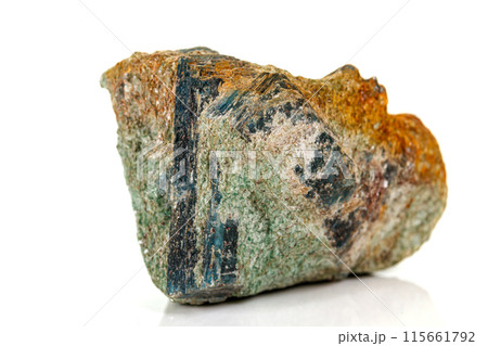 Macro stone mineral Diopside Calcite Magnetite on a white background Macro stone mineral Diopside Calcite Magnetite on a white background 115661792