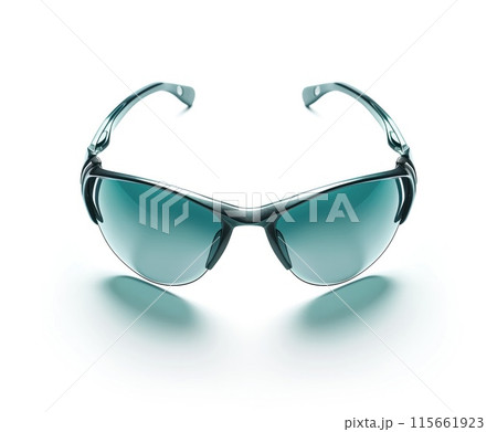 Futuristic sunglasses with a sleek design and teal-tinted lenses, isolated on a light background. 115661923