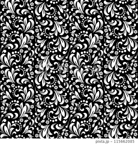 Wallpaper in the style of Baroque. Seamless vector background. White and black floral ornament. Graphic pattern for fabric, wallpaper, packaging. Ornate Damask flower ornament. 115662085