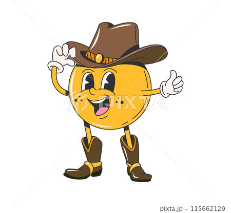 Cartoon retro groovy wild west cowboy smile character. Isolated vector yellow emoji western personage with happy smiling face emotions, donning rancher hat, gloves and boots, showing thumb up gesture Cartoon retro groovy wild west cowboy smile character. Isolated vector yellow emoji western personage with happy smiling face emotions, donning rancher hat, gloves and boots, showing thumb up gesture 115662129