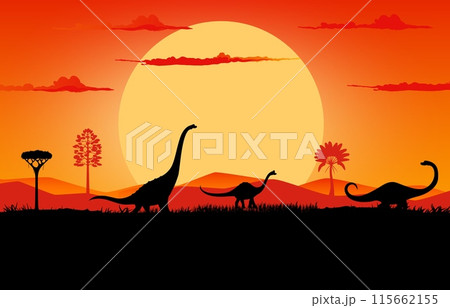 Dinosaurs silhouettes on sunset landscape with prehistoric trees, hills and plants. Vector serene background with brachiosaurus dino shadows roaming peacefully in front of large sun in orange dusk sky Dinosaurs silhouettes on sunset landscape with prehistoric trees, hills and plants. Vector serene background with brachiosaurus dino shadows roaming peacefully in front of large sun in orange dusk sky 115662155