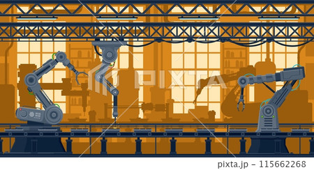 Factory conveyor line with computer robots in technology industry, vector background. Production machine with robotic arms on factory conveyor belt, machinery assembly process of automated manufacture 115662268