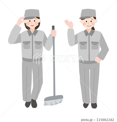 灰色の作業服を来た女性の清掃員手描きベクターイラスト 灰色の作業服を来た女性の清掃員手描きベクターイラスト 115662282