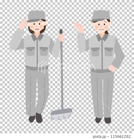 灰色の作業服を来た女性の清掃員手描きベクターイラスト 灰色の作業服を来た女性の清掃員手描きベクターイラスト 115662282