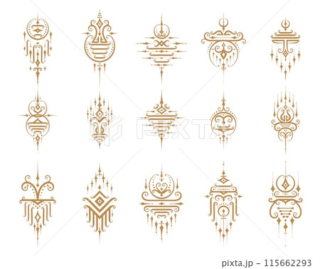 Sacred oriental thai symbols, vector traditional golden motifs. Religious and cultural decorations, reflecting Thailand rich artistic heritage, spiritual depth and representing path to enlightenment 115662293