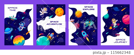 Space journey and galaxy explore posters with cartoon kid alien and astronaut characters, rocket and planets. Space exploration and discovery, outerspace travel vector posters with UFO and rockets Space journey and galaxy explore posters with cartoon kid alien and astronaut characters, rocket and planets. Space exploration and discovery, outerspace travel vector posters with UFO and rockets 115662348