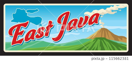 East Java province or region in Indonesia, Indonesian territory. Vector travel plate, vintage tin sign, retro welcoming postcard design. Old plaque with map and volcanoes with smoke 115662381