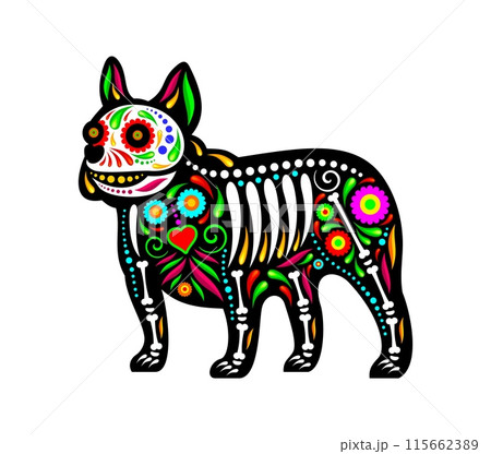 Mexican dog animal tattoo, Isolated vector Dia de los muertos puppy shape, day of the dead sugar skull pet with vibrant floral motifs and bones symbolizing remembrance and celebration of deceased dogs Mexican dog animal tattoo, Isolated vector Dia de los muertos puppy shape, day of the dead sugar skull pet with vibrant floral motifs and bones symbolizing remembrance and celebration of deceased dogs 115662389