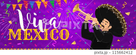 Viva Mexico banner with mariachi musician, fireworks and holiday flags. Vector mexican music festival cartoon man musician character in sombrero playing trumpet with festive confetti and bunting Viva Mexico banner with mariachi musician, fireworks and holiday flags. Vector mexican music festival cartoon man musician character in sombrero playing trumpet with festive confetti and bunting 115662412