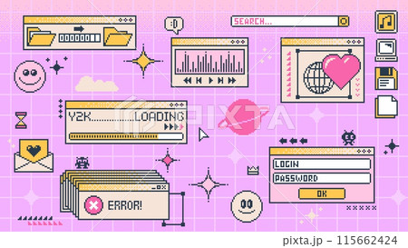 Retro Y2K computer window page and interface screen in pixel, art, vector, background. 8 bit retro and 90s Y2K computer display windows of internet browser tabs with loading bar and error message box Retro Y2K computer window page and interface screen in pixel, art, vector, background. 8 bit retro and 90s Y2K computer display windows of internet browser tabs with loading bar and error message box 115662424