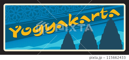 Special Region of Yogyakarta in Indonesia, Indonesian territory. Vector travel plate, vintage tin sign, retro welcoming postcard design. Landscape with Borobudur stupas shrine for Buddha 115662433