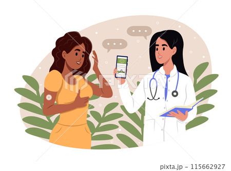 A doctor uses a continuous glucose sensor on the arm of a patient to improve diabetes control. A doctor shows a phone that displays a blood sugar test on a smartphone app. A doctor uses a continuous glucose sensor on the arm of a patient to improve diabetes control. A doctor shows a phone that displays a blood sugar test on a smartphone app. 115662927