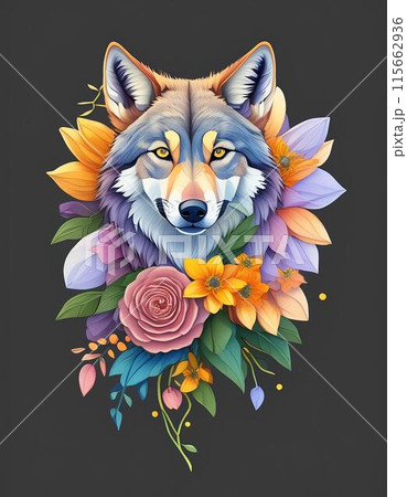 カラフルなオオカミのアートイラスト2　ai生成画像 115662936