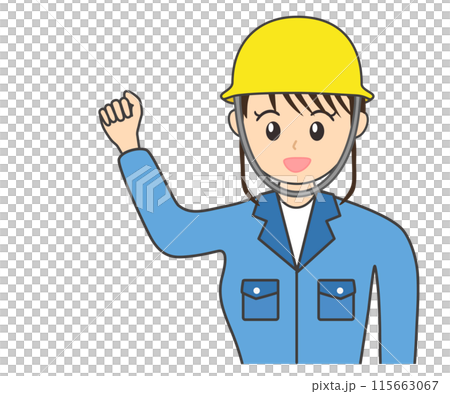 Illustration of a smiling female worker wearing work clothes and a helmet posing with a fist 115663067
