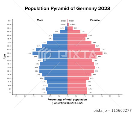 Population pyramid of Germany 2023. Age structure diagram and graphical illustration of the distribution of about 83 million people, divided into females and males, quoted in percent and 4-year steps. 115663277