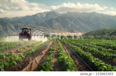Red Tractor Spraying Crops in a Mountainous Field Red Tractor Spraying Crops in a Mountainous Field 115663303