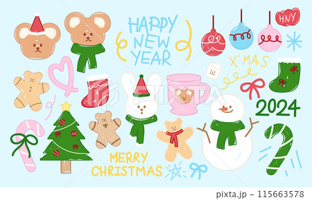 Christmas doodles of tree, Teddy Bear, Bunny, gingerbread man, ornaments, candy cane, sock, snowman for winter stickers, festive icons, cartoon character, comic, animal print, easter, zoo, kids Christmas doodles of tree, Teddy Bear, Bunny, gingerbread man, ornaments, candy cane, sock, snowman for winter stickers, festive icons, cartoon character, comic, animal print, easter, zoo, kids 115663578