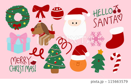 Hand drawn Santa Claus, Christmas tree, light, snowflake, wreath, MERRY CHRISTMAS letters, puppy, gift box, sock for Christmas and New Year decoration, cartoon, festive winter icon, campaign logo Hand drawn Santa Claus, Christmas tree, light, snowflake, wreath, MERRY CHRISTMAS letters, puppy, gift box, sock for Christmas and New Year decoration, cartoon, festive winter icon, campaign logo 115663579