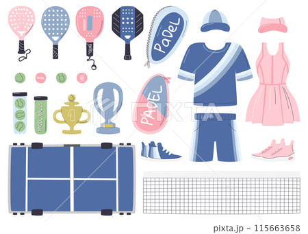 Padel sport inventory and uniforms vector flat set Padel sport inventory and uniforms vector flat set 115663658