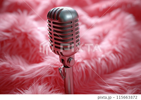 Sleek vintage microphone on soft pink fur emphasizing luxury and classic design for audio recordings Sleek vintage microphone on soft pink fur emphasizing luxury and classic design for audio recordings 115663872