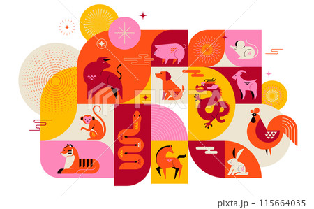 Chinese horoscope zodiac concept design, poster, banner. Geometric minimalist style. Animals symbols Chinese horoscope zodiac concept design, poster, banner. Geometric minimalist style. Animals symbols 115664035
