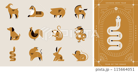 Golden Chinese horoscope zodiac collection, geometric minimalist style. Animals symbols of Chinese 115664051