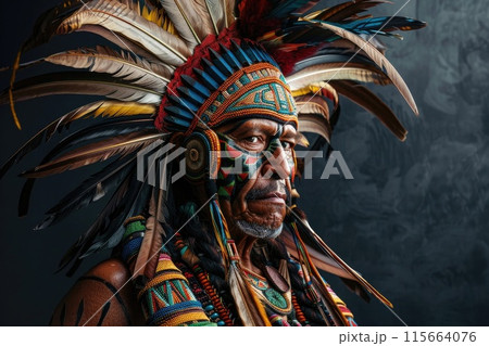 Face of an Aztec warrior on a black background 115664076