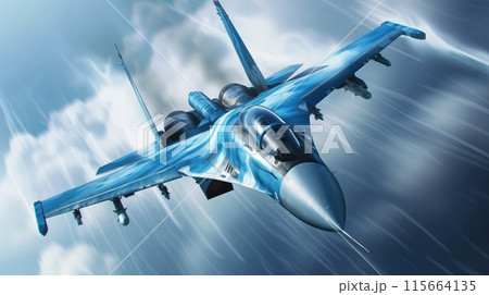 Jet fighter soaring in the sky with acceleration 115664135