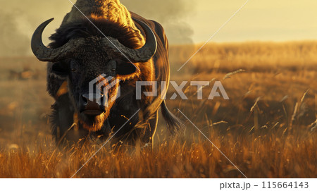 Bison with an intense gaze in golden hour light 115664143