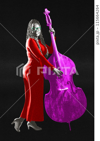 Contemporary art collage. Young woman dressed vibrant costume playing double bass colored in pink. Poster for art events. Contemporary art collage. Young woman dressed vibrant costume playing double bass colored in pink. Poster for art events. 115664264