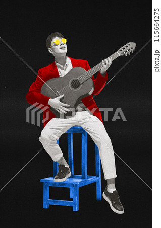 Contemporary art collage. Poster for art events. Young guitarist in monochrome filter playing acoustic guitar against black background. Contemporary art collage. Poster for art events. Young guitarist in monochrome filter playing acoustic guitar against black background. 115664275