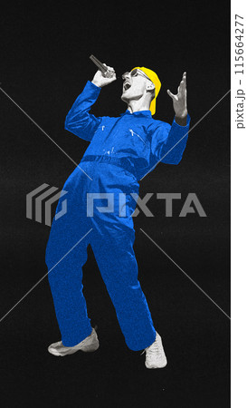 Contemporary art collage. Poster for art events. Talented singer, singing to mic against black background. textured filter effect. Contemporary art collage. Poster for art events. Talented singer, singing to mic against black background. textured filter effect. 115664277