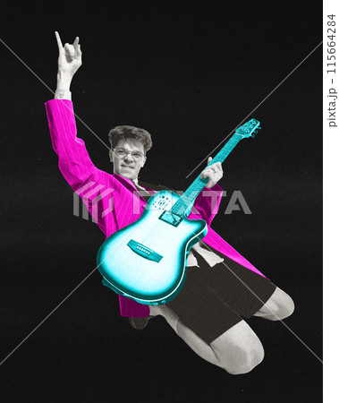 Contemporary art collage. Young artistic bass guitarist playing instrument and gesturing rock symbol. Poster for art events. Contemporary art collage. Young artistic bass guitarist playing instrument and gesturing rock symbol. Poster for art events. 115664284