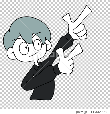 A man pointing diagonally upwards to the right A man pointing diagonally upwards to the right 115664339
