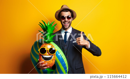 Male businessman in suit in sunglasses and hat holds inflatable pineapple and ring showing thumb up  115664412