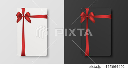 Vector 3D Realistic Blank Gift Card and Gift Certificate Template with Silk Red Ribbon and Satin Bow. Greeting or Sale Card, Isolated. Birthday, Christmas, Party Gifts, Invitation Concept Vector 3D Realistic Blank Gift Card and Gift Certificate Template with Silk Red Ribbon and Satin Bow. Greeting or Sale Card, Isolated. Birthday, Christmas, Party Gifts, Invitation Concept 115664492
