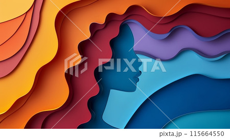woman's profile, composed of layered, wavy shapes in vibrant colors including shades of blue 115664550