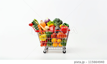 A grocery cart filled with a colorful assortment of fresh vegetables and fruits  115664940