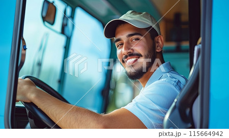 a handsome young man with a beard and cap, smiling confidently 115664942
