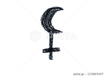 A hand-drawn Lilith symbol in black pencil on a white background 115665447