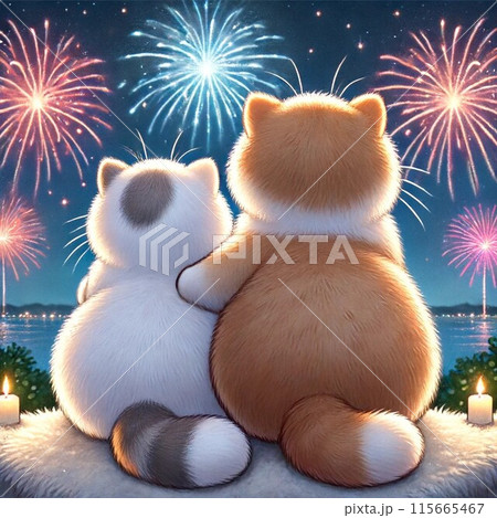 花火じゃらし 」B5大きめ 花火 盆おどり 猫イラスト 色鉛筆画