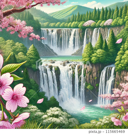 滝を背景に桜が咲き誇る美しい風景のイラストのイラスト素材