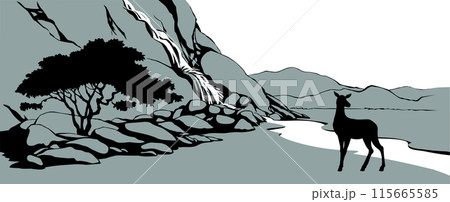 Vector landscape. Deer near a mountain stream Vector landscape. Deer near a mountain stream 115665585