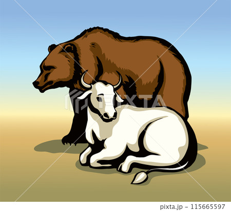 Vector drawing. Cute big cow with bear 115665597