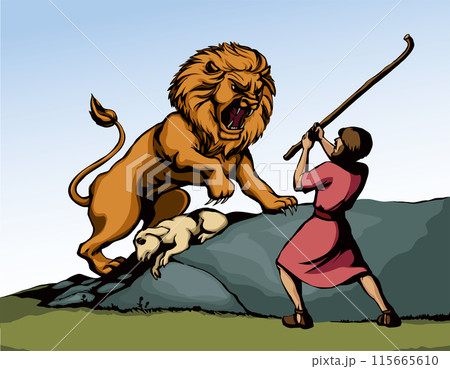 Vector drawing. An angry lion steal sheep 115665610