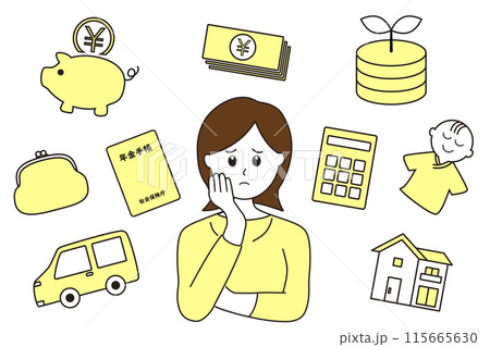 赤ちゃん、家、車、年金、投資などのお金に関するライフプランで悩む女性のイラスト 赤ちゃん、家、車、年金、投資などのお金に関するライフプランで悩む女性のイラスト 115665630