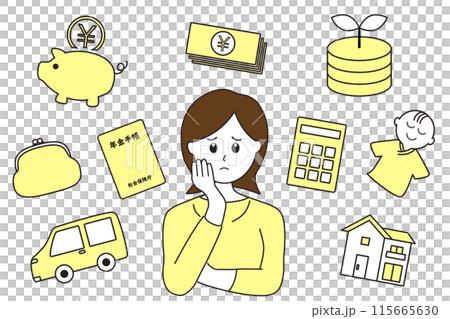 赤ちゃん、家、車、年金、投資などのお金に関するライフプランで悩む女性のイラスト 赤ちゃん、家、車、年金、投資などのお金に関するライフプランで悩む女性のイラスト 115665630
